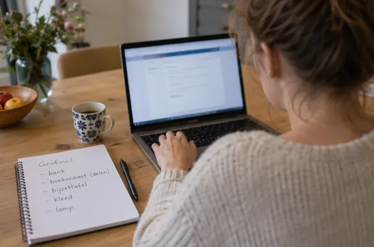 Een bewoner zit achter een laptop met een handgeschreven lijst van grofvuil op tafel