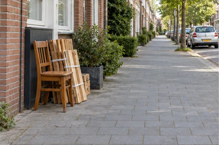 Stoelen, panelen en gebundelde onderdelen staan bij elkaar aan de rand van een stoep voor een woonhuis