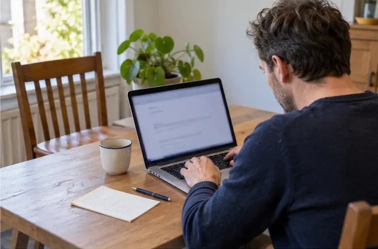 Een bewoner zit achter een laptop aan tafel en bereidt thuis een afspraak voor het ophalen van grofvuil voor