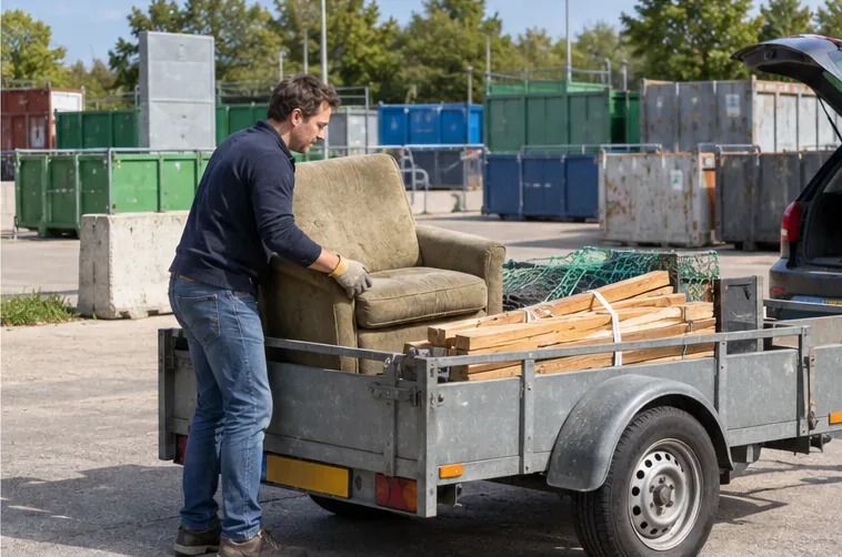 Een bewoner laadt een fauteuil en losse meubeldelen in een aanhanger bij een milieustraat