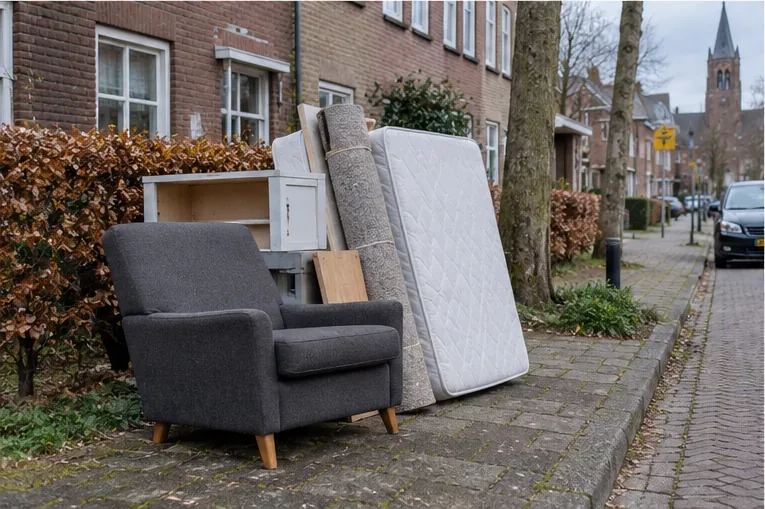 Netjes bij elkaar geplaatst grofvuil met fauteuil, matras, kastdelen en opgerold tapijt langs een woonstraat