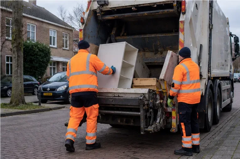 Afvalinzamelaars in reflecterende werkkleding laden een kast in een vuilniswagen in een woonstraat