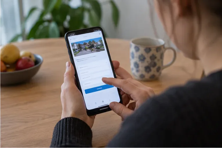 Bewoner gebruikt een smartphone om online een ophaalafspraak voor grofvuil te regelen