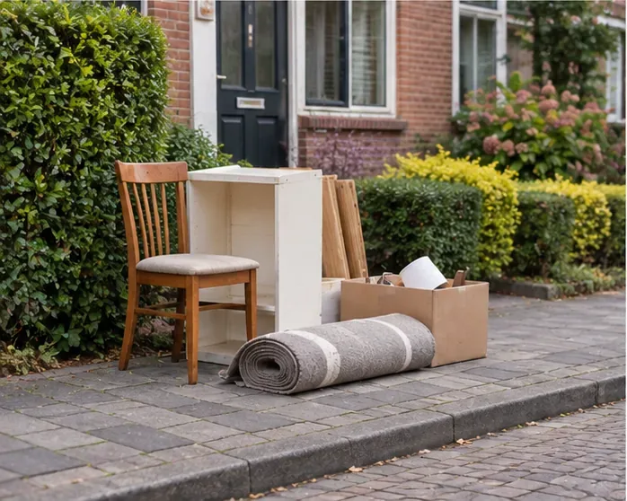 Netjes opgesteld grofvuil met een stoel, kast, opgerolde vloerbedekking en doos langs een woonstraat