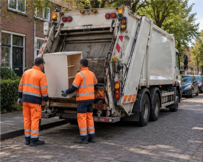 Twee afvalinzamelaars laden een kast in een vuilniswagen in een Nederlandse woonstraat
