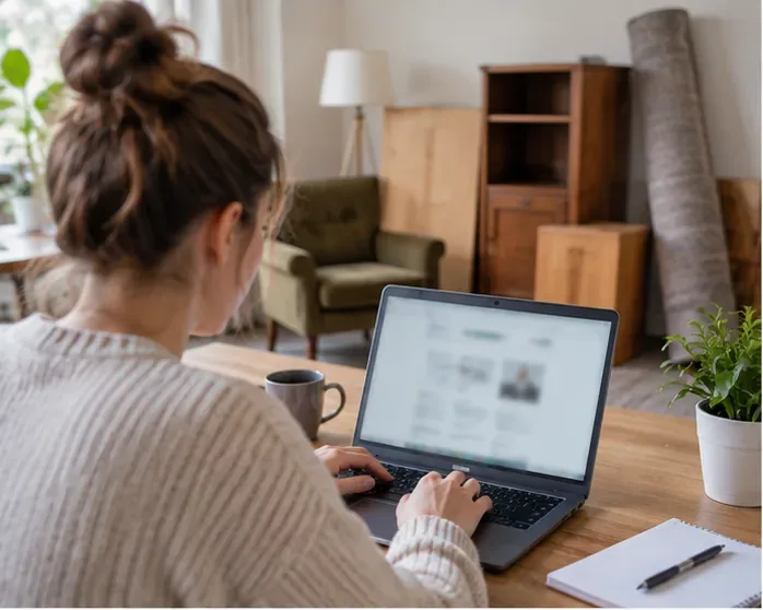Een inwoner maakt thuis op een laptop een afspraak voor het laten ophalen van grofvuil in Leiden