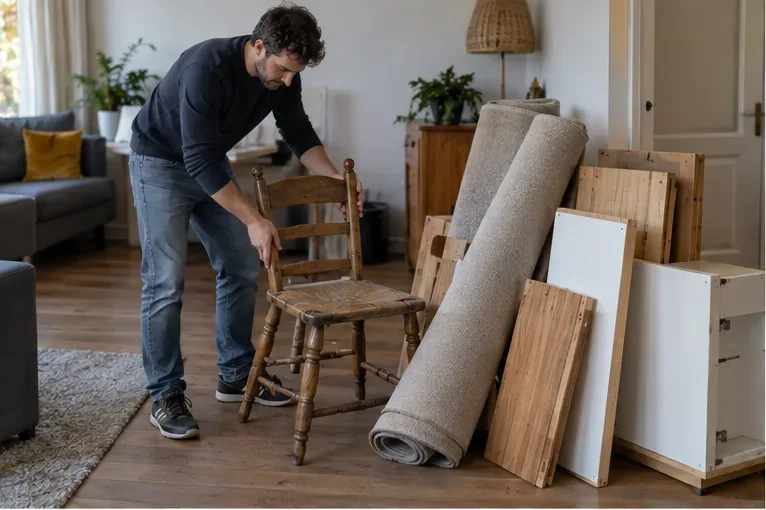Een bewoner sorteert een houten stoel, opgerold tapijt en gedemonteerde kastdelen voordat hij grofvuil laat ophalen