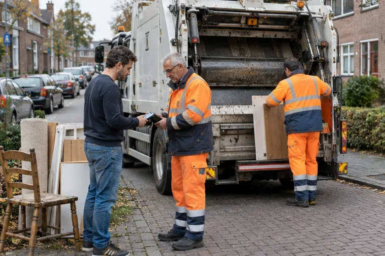 Een bewoner staat bij een vuilniswagen en rekent per pin af terwijl twee medewerkers het grofvuil inladen