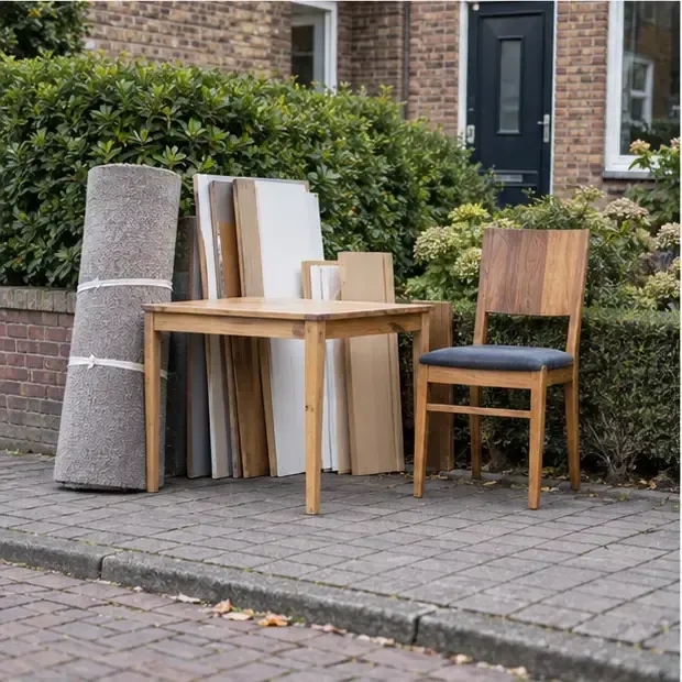 Een opgerolde vloerbedekking, houten platen, een tafel en een stoel staan gebundeld op eigen terrein