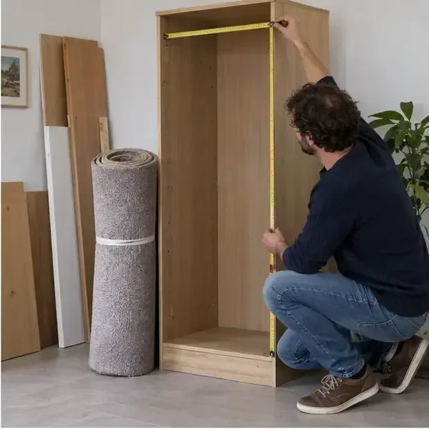 Een man meet de afmetingen van een houten kast met een geel meetlint