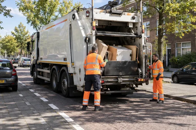 Twee medewerkers van een gemeentelijke inzameldienst laden grote huishoudelijke spullen in een afvalwagen in een woonstraat.