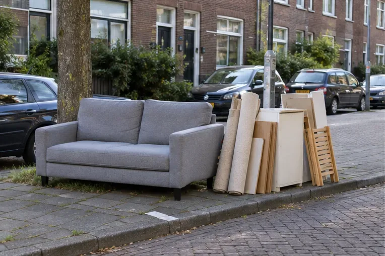 Een bank, opgerolde vloerbedekking en gebundelde houten delen staan netjes aan de straat op een bereikbare plek.