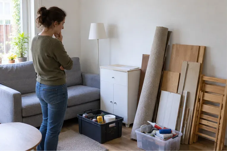 Een bewoner bekijkt een bank, kast, vloerbedekking en losse materialen in huis om te bepalen wat als grofvuil kan worden aangeboden.