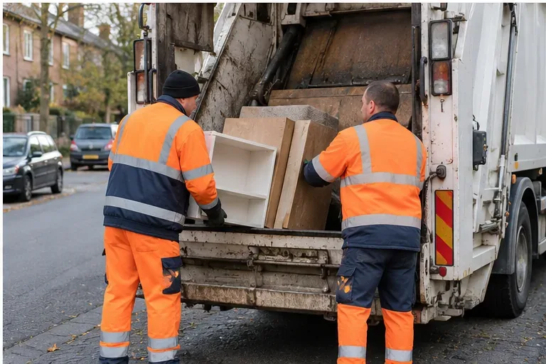 Twee afvalinzamelaars in reflecterende werkkleding laden een klein kastje en houten delen in een vuilniswagen