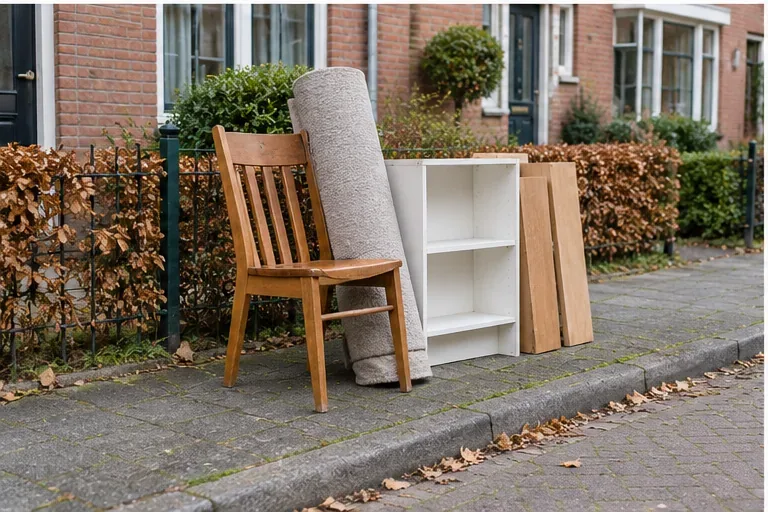 Een houten stoel, opgerolde vloerbedekking, een klein wit kastje en houten planken staan netjes bij de stoeprand