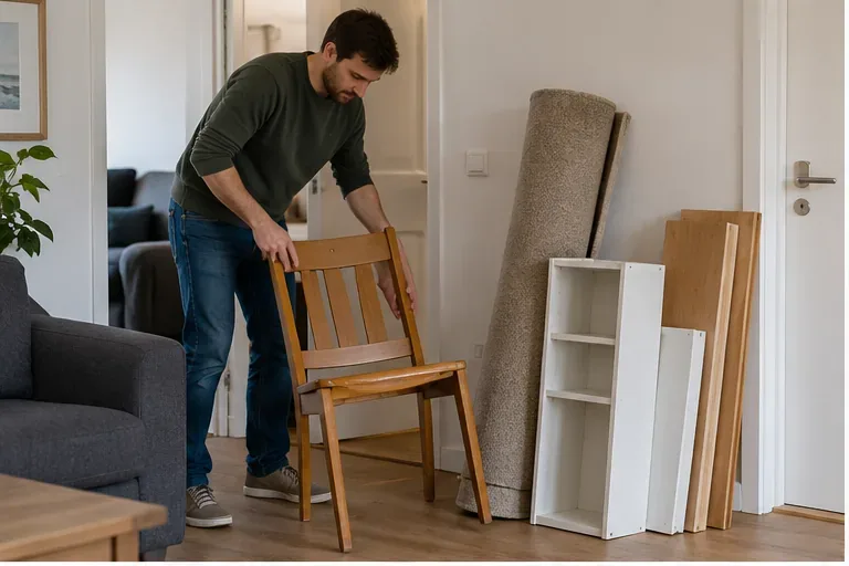 Een bewoner zet een houten stoel, een klein kastje, planken en opgerolde vloerbedekking apart in huis