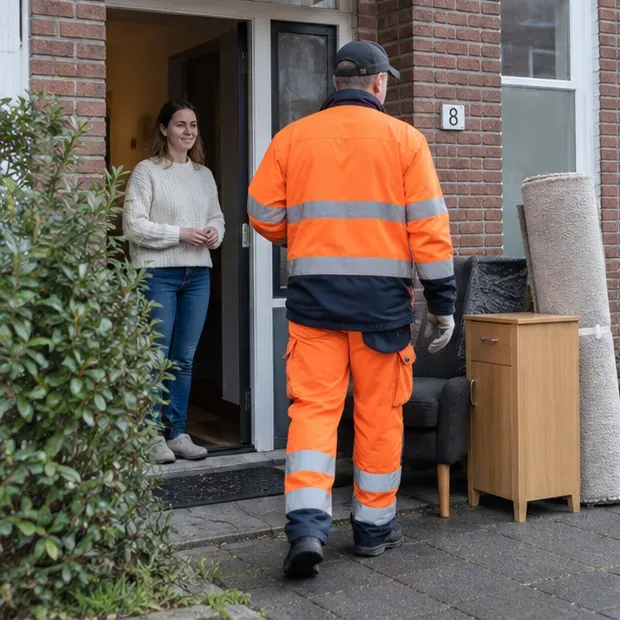 Een bewoner staat in de deuropening terwijl een afvalinzamelaar arriveert; het grofvuil staat bij de woning klaar en de bewoner is aanwezig.