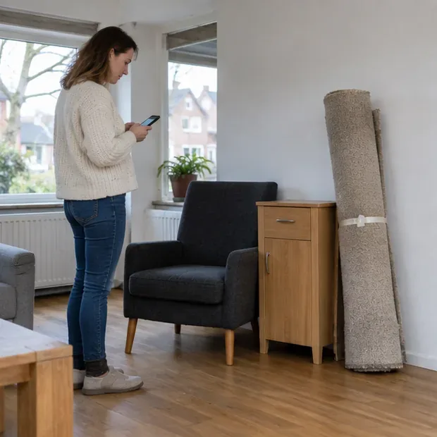 Een bewoner bekijkt op haar telefoon informatie terwijl een stoel, kastje en opgerolde vloerbedekking binnenshuis klaarstaan voor grofvuilinzameling.