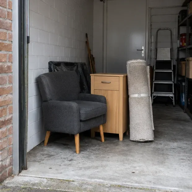Een fauteuil, kastje en opgerolde vloerbedekking staan droog en overzichtelijk op de begane grond in een garage klaar voor de ophaalafspraak.