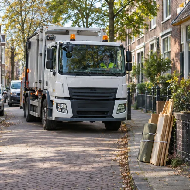 Een witte afvalwagen rijdt door een Utrechtse woonstraat langs netjes aangeboden grofvuil