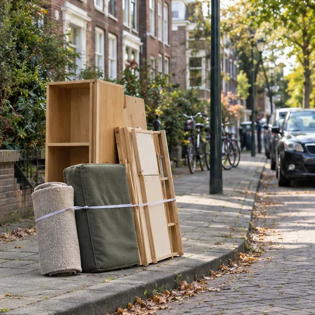 Gebundeld grofvuil staat netjes op de stoep aan de rand van een Utrechtse woonstraat