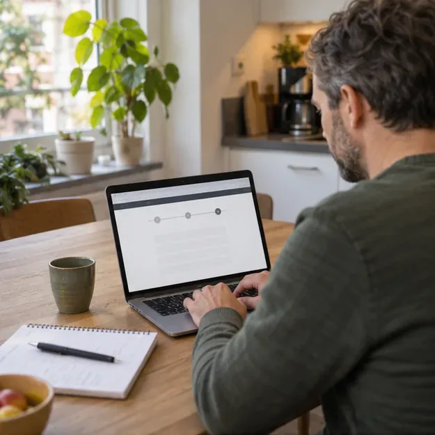 Een bewoner gebruikt een laptop aan de keukentafel om een gemeentelijke ophaalafspraak te regelen