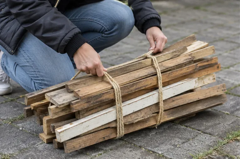 Losse houten planken worden stevig met touw tot één hanteerbare bundel samengebonden.