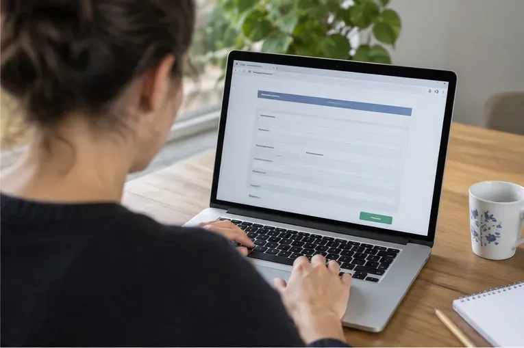 Een bewoner vult op een laptop een online formulier in voor het ophalen van grofvuil.