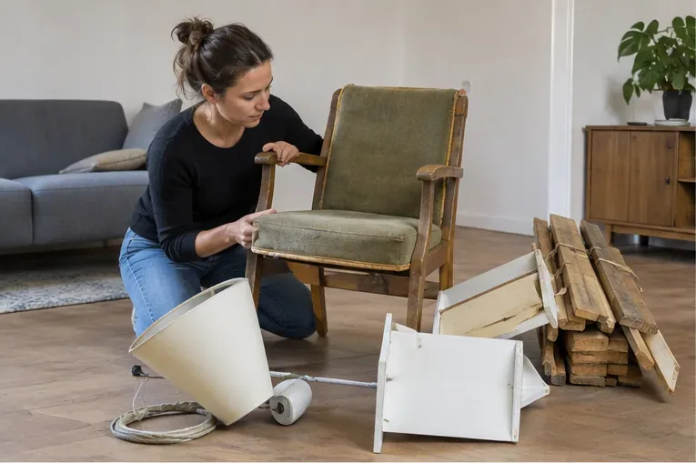 Een bewoner sorteert een oude stoel, losse houten delen en een lamp voordat een grofvuilafspraak wordt gemaakt.