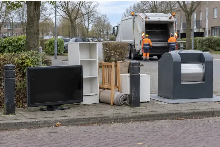 Televisie, kast, stoel en opgerolde vloerbedekking staan naast een ondergrondse container zonder de toegang te blokkeren
