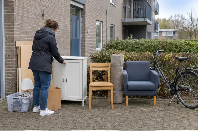 Inwoner sorteert een kast, stoel, fiets en ander groot huishoudelijk afval bij een woning