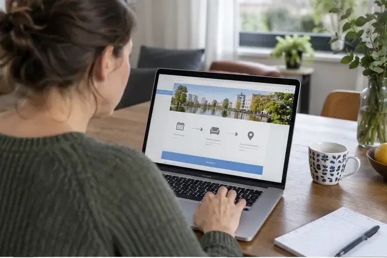 Inwoner bekijkt op een laptop een online gemeentelijke afvalpagina met stappen voor een aanvraag