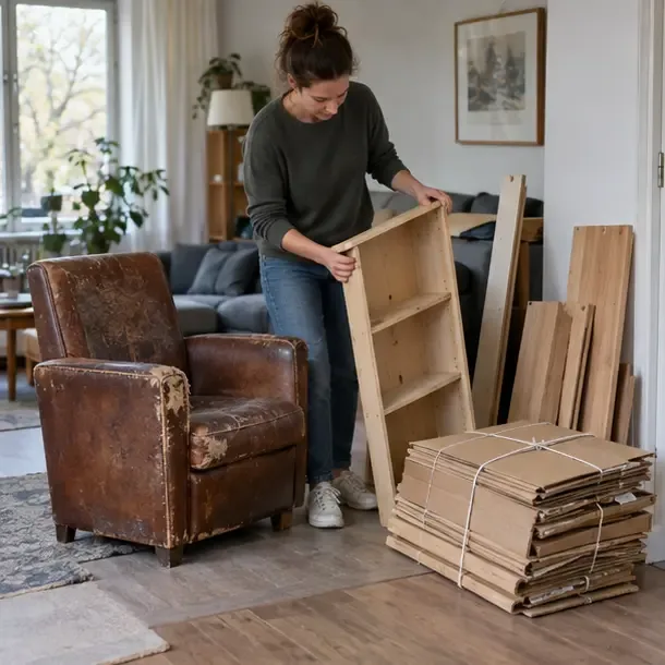 Een inwoner sorteert een oude stoel, houten planken en gebundeld karton in huis voordat een afspraak voor grofvuil wordt gemaakt