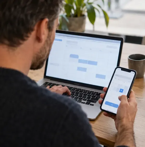 Een inwoner gebruikt een laptop en smartphone met een eenvoudige kalenderweergave om een ophaalmoment voor grofvuil te regelen