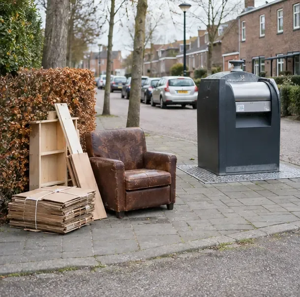 Een oude stoel, houten onderdelen en een gebundelde stapel platen staan naast een ondergrondse afvalcontainer aan een woonstraat