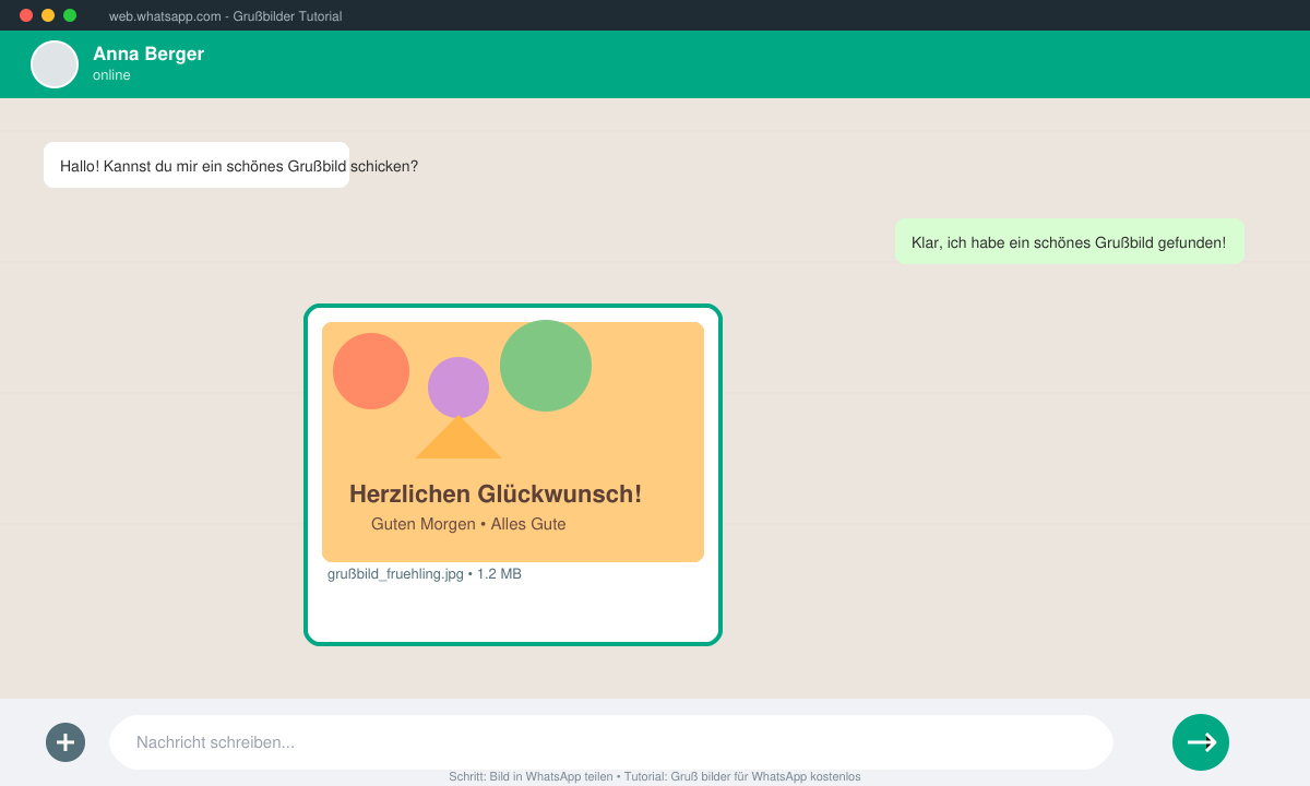 WhatsApp-Chat-Fenster mit ausgewähltem Grußbild und Senden-Button