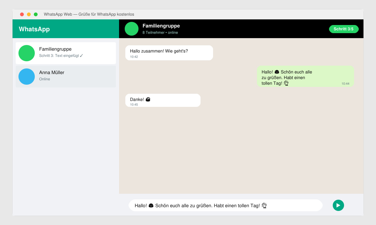 WhatsApp-Chat-Fenster mit eingefügtem Grußtext und Emoji