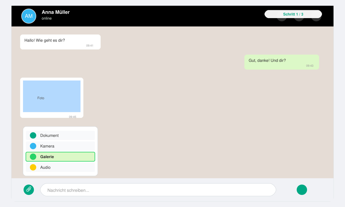 WhatsApp Chat-Fenster mit geöffnetem Anhang-Menü zum Versenden von Grußbildern