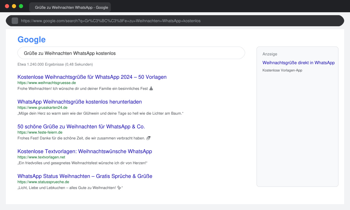 Browserfenster mit Suchergebnissen zu Weihnachtsgrüßen