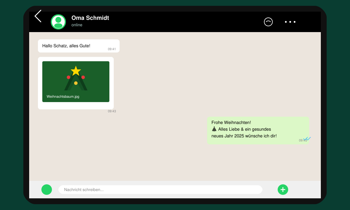 WhatsApp-Chat mit eingefügtem Weihnachtsgruß und Bild