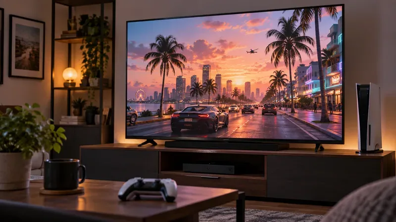 Sala com TV exibindo uma avenida costeira com palmeiras ao pôr do sol, console ao lado da tela e controle sobre a mesa