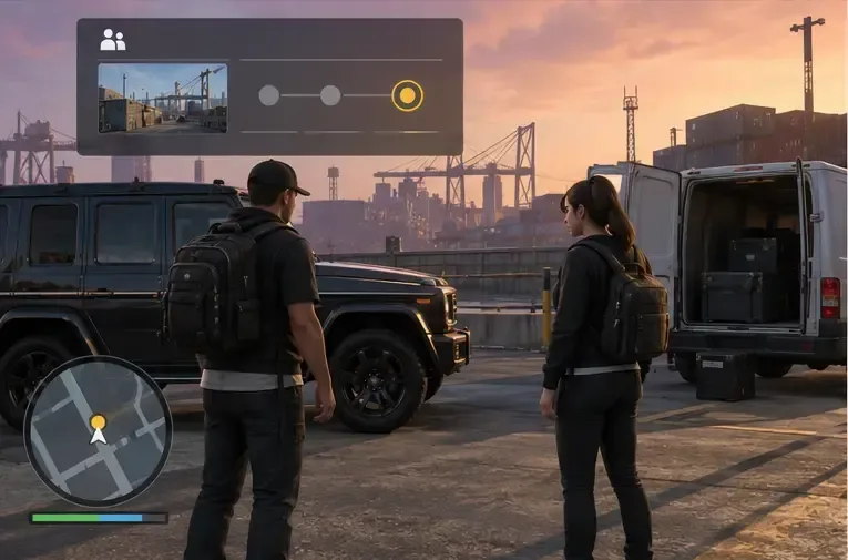 Deux avatars préparent une mission coopérative près de véhicules dans une zone portuaire, avec une interface générique sans texte lisible