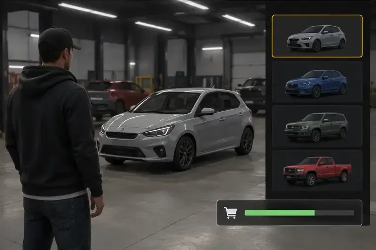 Personnage observant une voiture compacte dans un garage avec une interface de sélection et une jauge budgétaire sans texte lisible