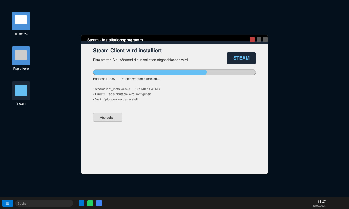 Steam Client Installationsschritt auf dem Desktop