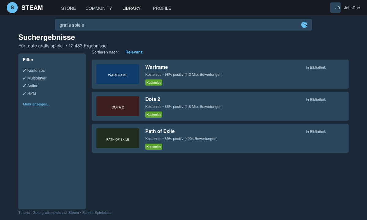 Ergebnisliste mit beliebten Free to Play Titeln in Steam