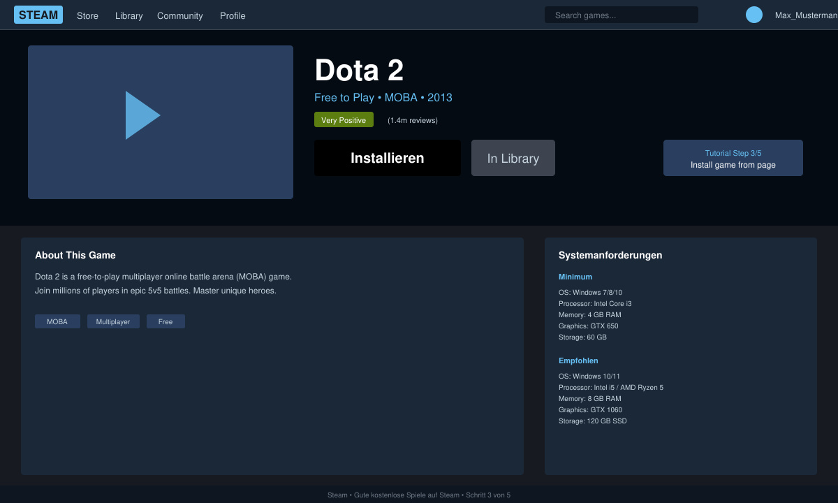 Detailseite eines Free-to-Play-Spiels mit Installationsbutton