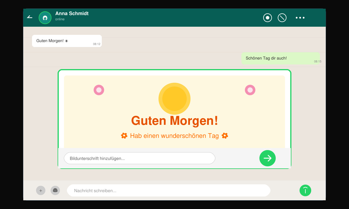 Versenden eines Gute-Morgen-Grüße-Bildes in einem WhatsApp-Chat