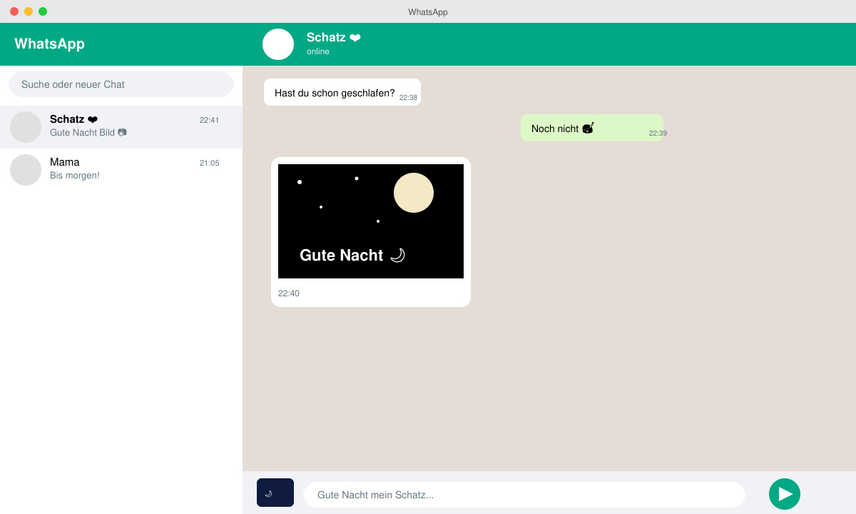 WhatsApp-Chat-Fenster mit hochgeladenem Gute-Nacht-Bild und Senden-Button