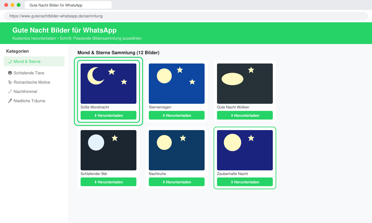 Screenshot einer Bildersammlung mit Download-Button unter einem Gute-Nacht-Motiv