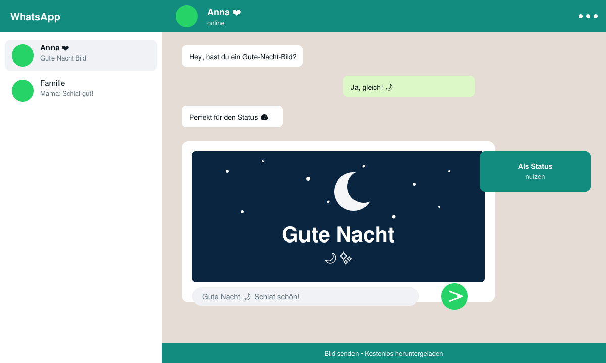 WhatsApp-Chat-Fenster mit hochgeladenem Gute-Nacht-Bild und Senden-Button